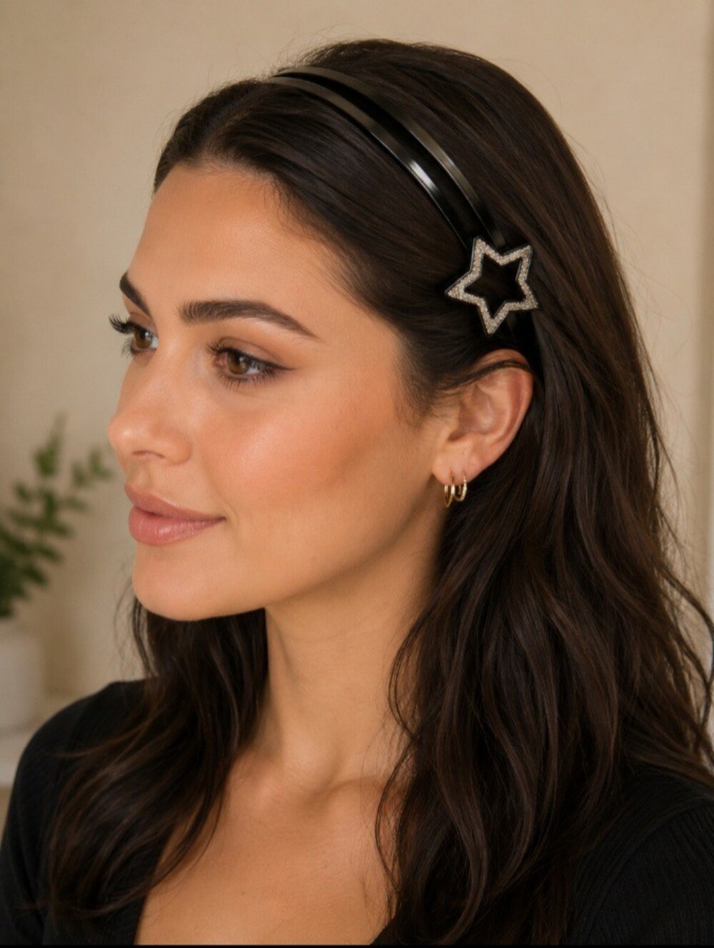 Rhinestone Star Accent Black Headband - Women Accessories